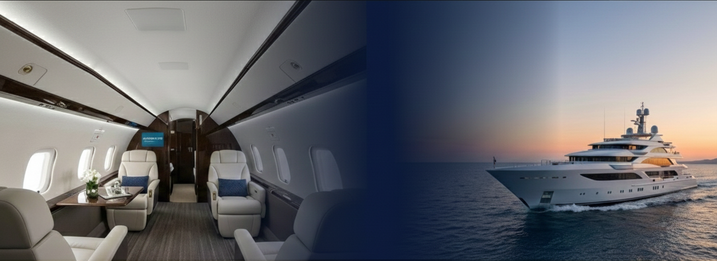 Luxury lifestyle scene featuring a private jet interior and a motor yacht on the water