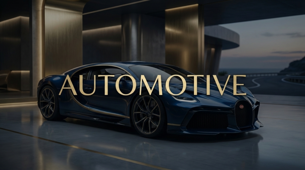 Minimalist close-up of a high-end luxury vehicle featuring the word Automotive in elegant typography for the Financeful Luxury journal.