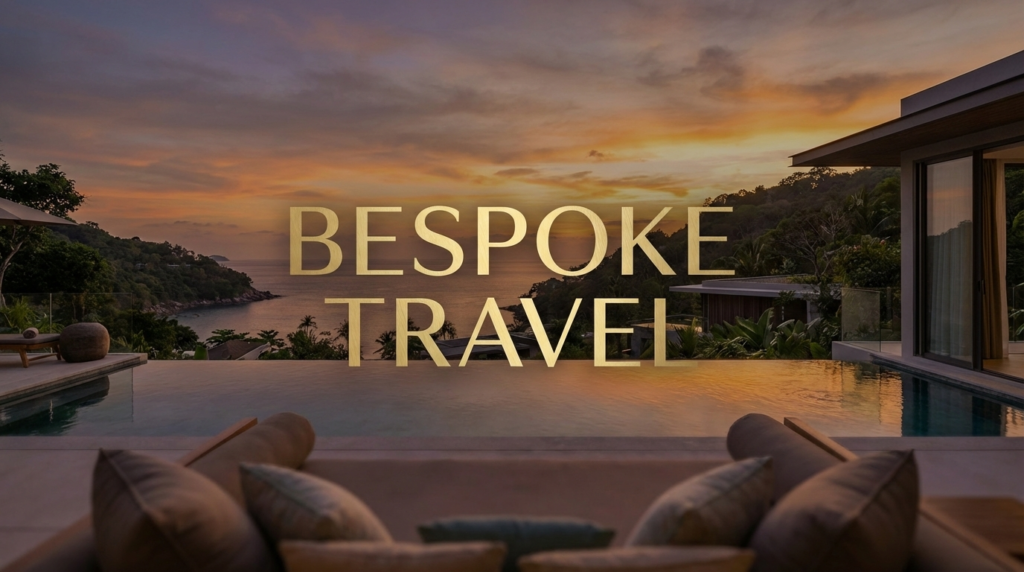 Aerial view of a private luxury island resort with the words Bespoke Travel in elegant white typography for Financeful Luxury.