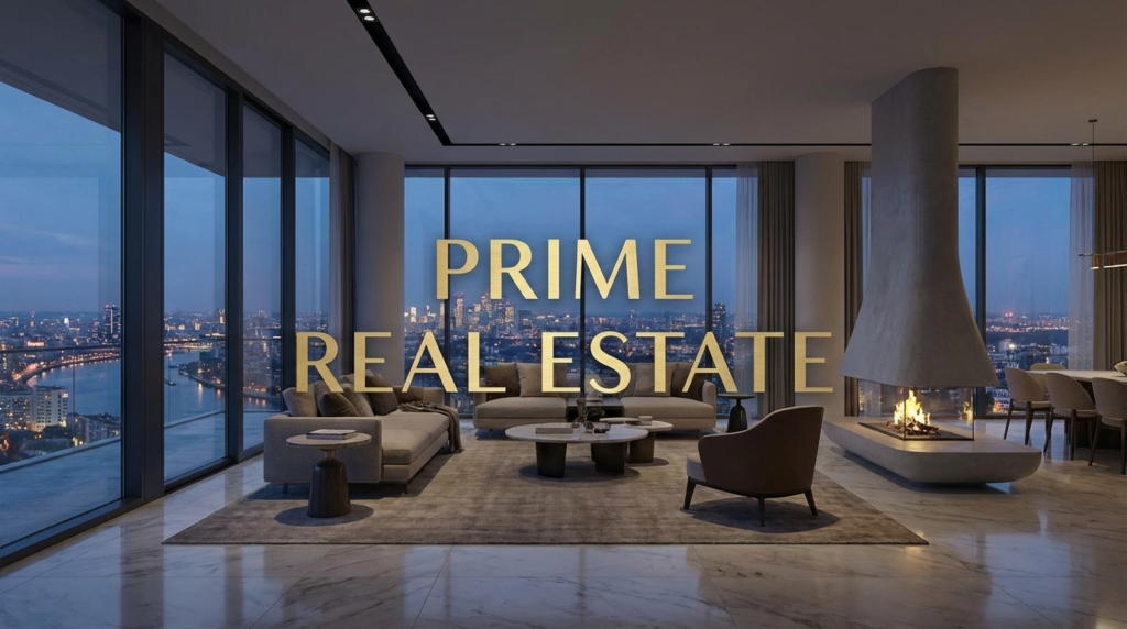 Modern architectural villa with a infinity pool at sunset featuring the words Prime Real Estate in elegant typography for Financeful Luxury.