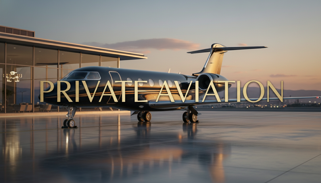 Luxury private jet interior featuring the word Private Aviation in elegant typography for the Financeful Luxury editorial journal.