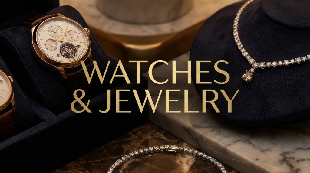 Macro detail of a luxury timepiece movement and diamond jewelry with the words Watches & Jewelry in elegant typography for Financeful Luxury.