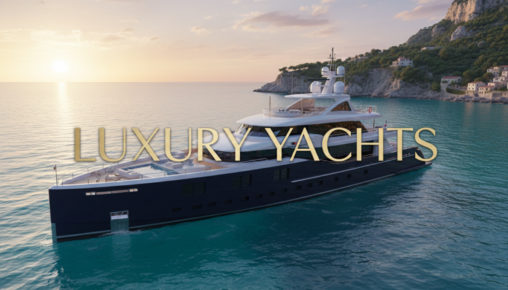 Side view of a sleek superyacht hull on turquoise water with the word Luxury Yachts in elegant typography for Financeful Luxury.